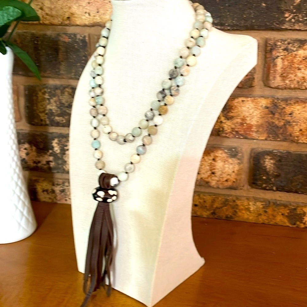 Matte Amazonite Bead Necklace & Leather Tassel Necklace Hand Tied